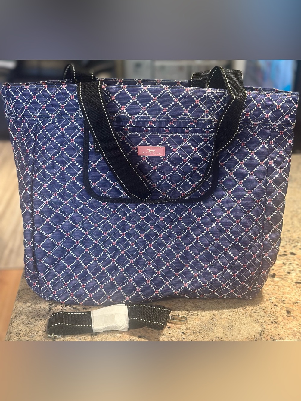 Scout Navy Tote with Pink Dot Diamond Print and Black Handles